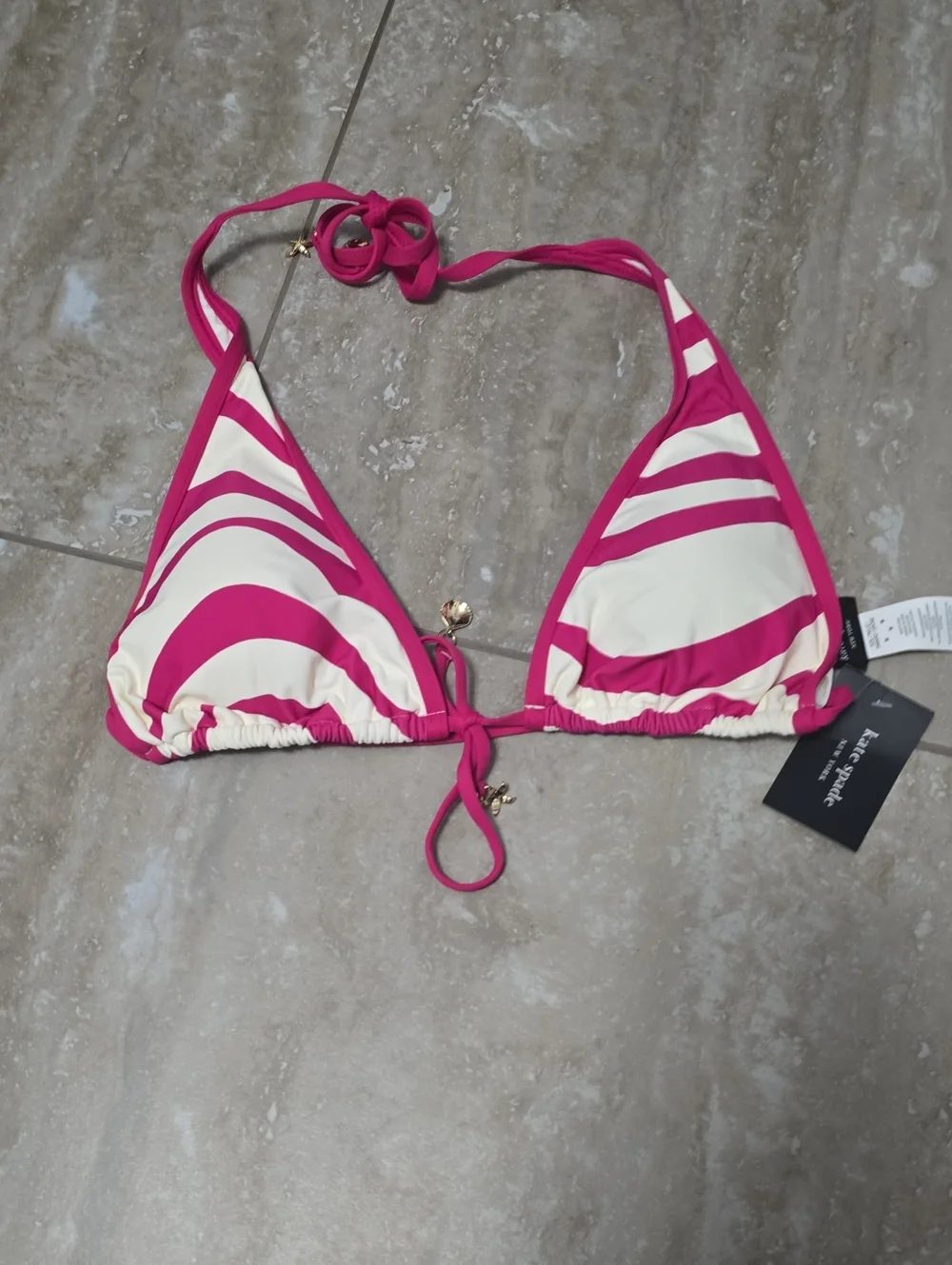 kate spade Pink & Creme Stripe Triangle Bikini Top Sz Med Nwt